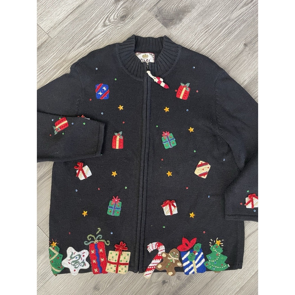 VINTAGE TIARA WOMENS UGLY CHRISTMAS SWEATER PRESENTS TREE FULL ZIP SIZE 18/20